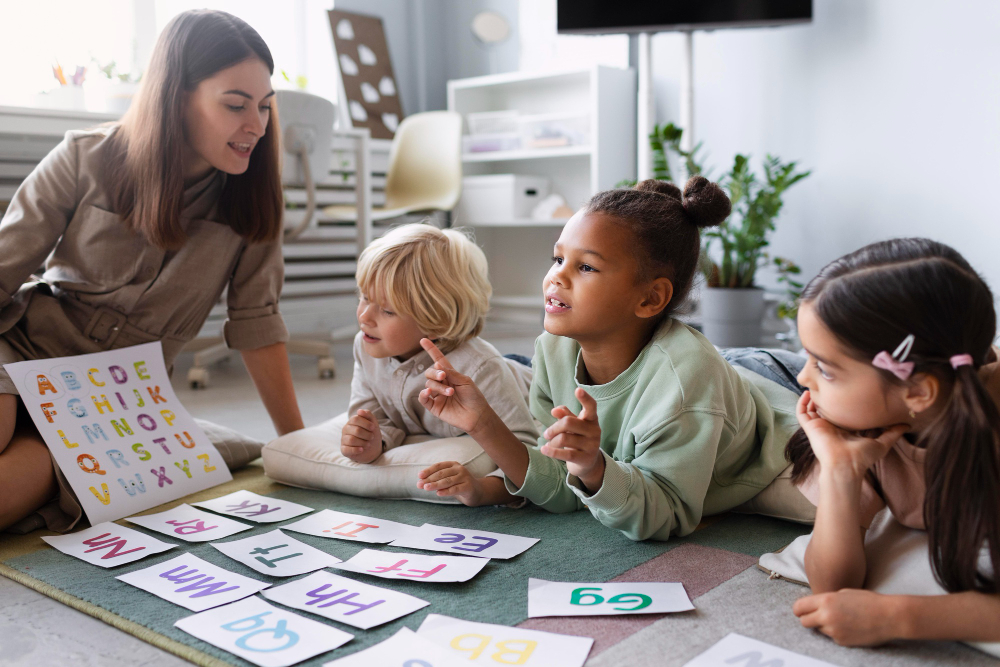 Child practicing phonics and spelling blocks